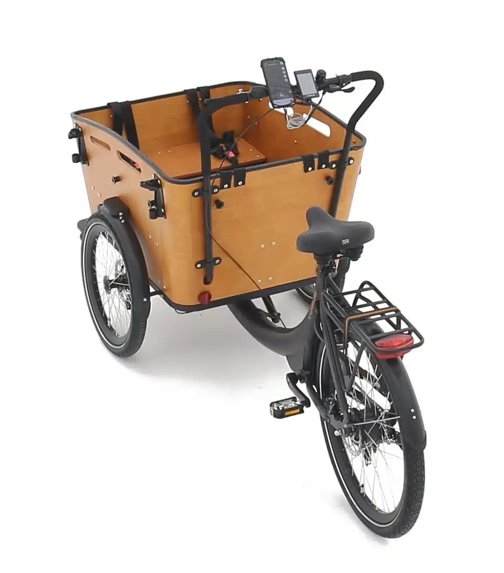 Vogue Superior 3 E-Bakfiets Driewieler Zwart/Bruin 3 Bak en stuur van de Vogue Superior 3, van de achterkant gezien