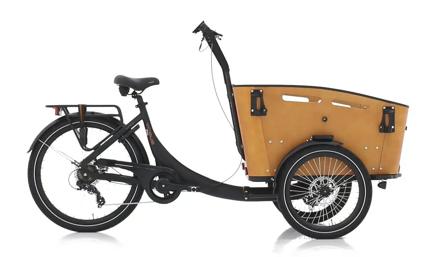 Vogue Superior 3 E-Bakfiets Driewieler Zwart/Bruin 1 Vogue Superior 3 e-bakfiets, driewieler in mat zwart met bruine bak